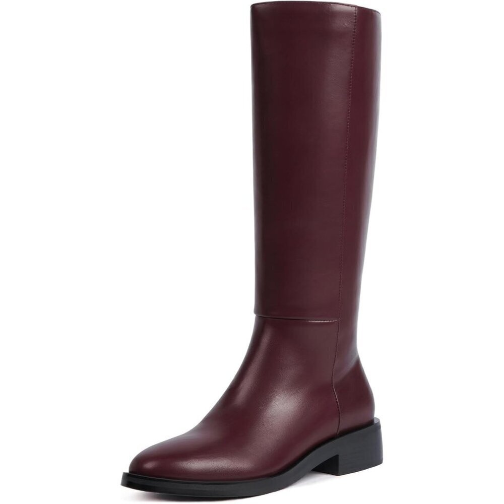 🆕Women Polyurethane Burgundy Round Toe Flat Heel Side Zipper Knee High Boots